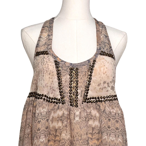 Ecote Flowy Peach Gray Watercolor Snakeskin Bronze Studded Boho Tank Top Medium - Picture 2 of 7